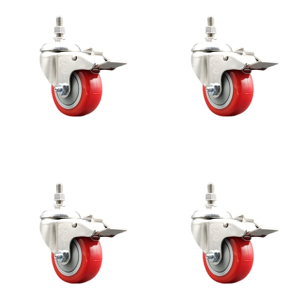 Service Caster 3 Inch 316SS Red Polyurethane Wheel Swivel 3/8 Inch Stem Caster Set Lock Brake SS316TSTTL20S314-PPUB-RED-381615-4